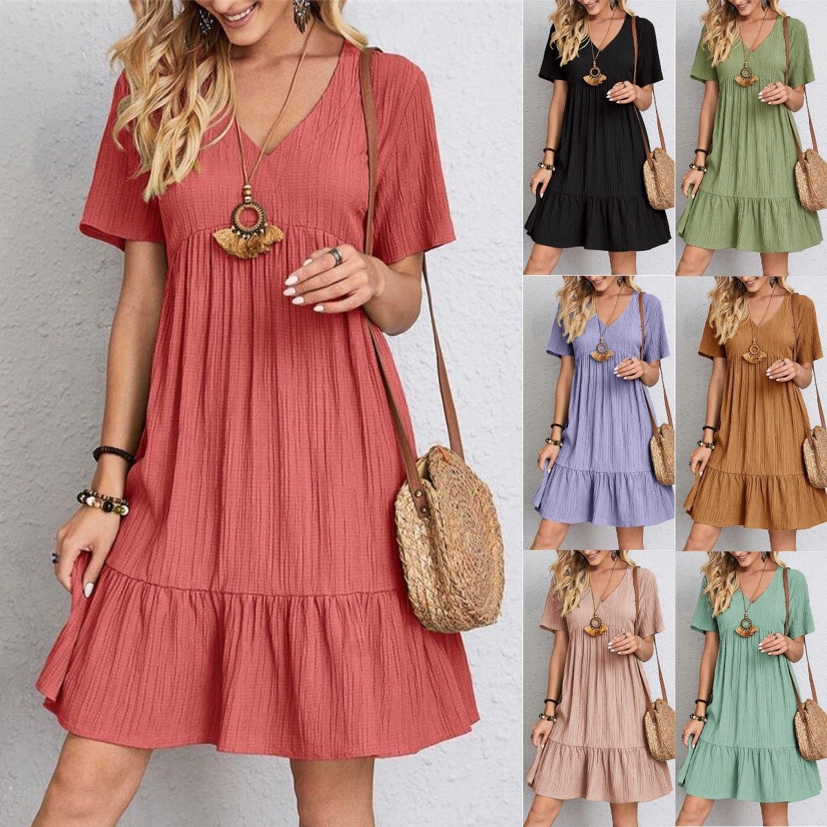 👗💃Vintage női pamut V-nyakú ruha